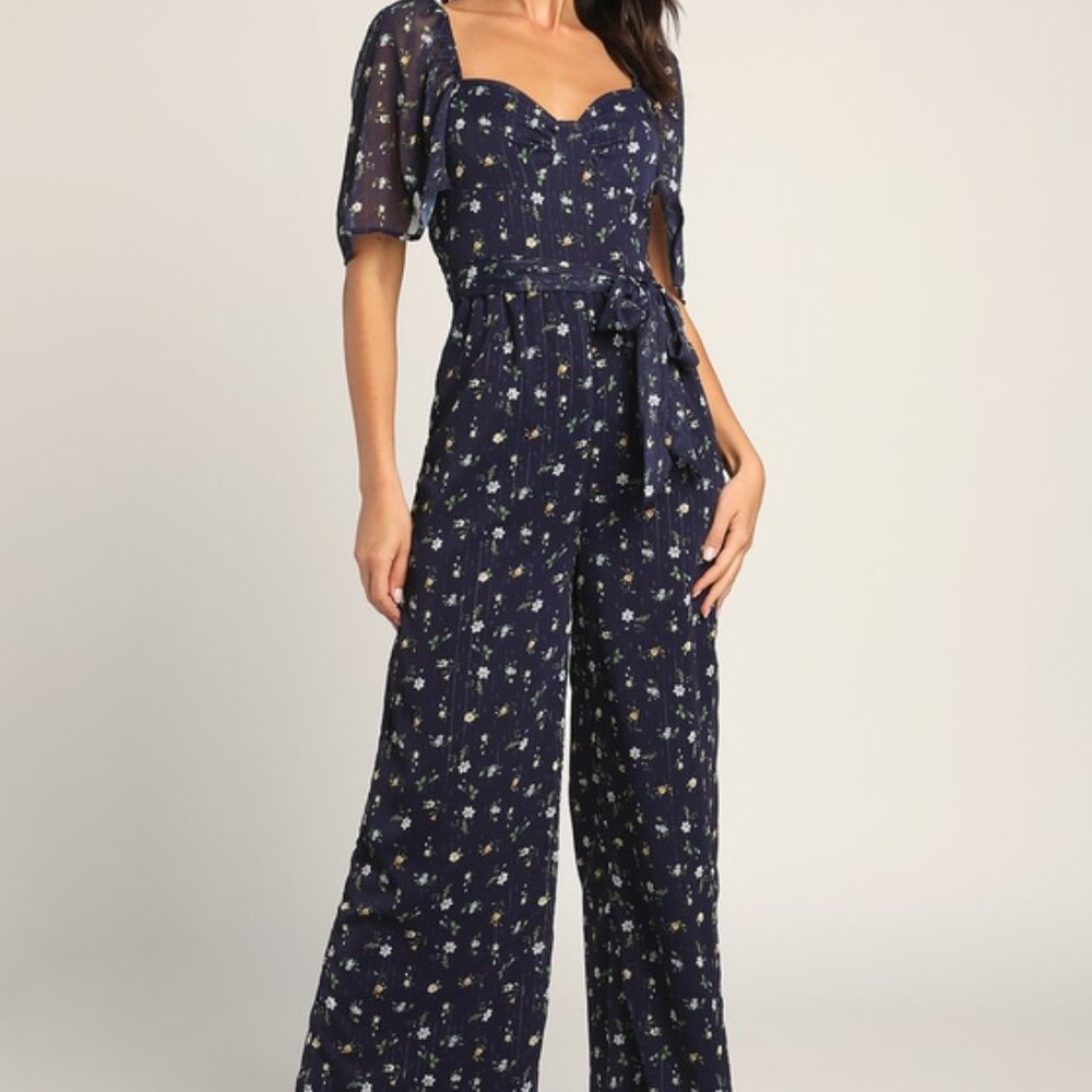 Lulus Sweet Blooms Navy Blue Floral Print Swiss Dot Wide Leg Jumpsuit - Size XS